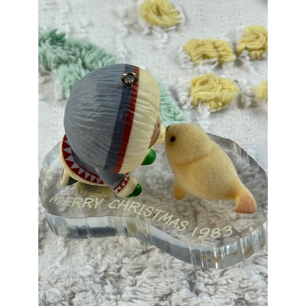 Vintage 1983 Hallmark Frosty Friends Ornament Eskimo and Flocked Seal QX400-7